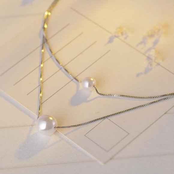 925 Sterling Silver Double Layer Pearl Necklace - Picture 7 of 8